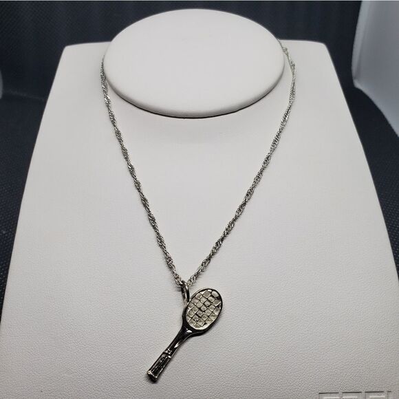 Sterling Silver Tennis Racket Pendant Necklace - Picture 1 of 5